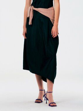 Tibi Black Italian Sporty Nylon Asymmetric Midi Skirt